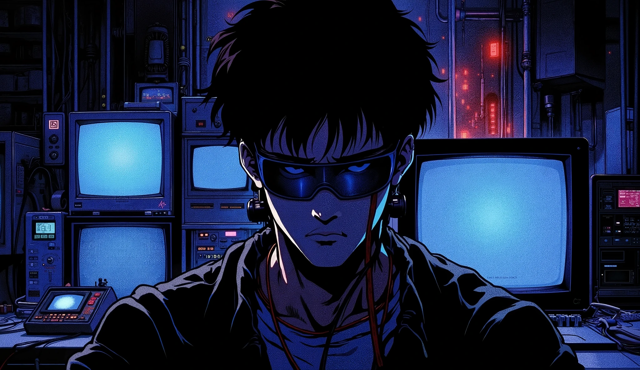 Retro-futuristic anime male character with a visor and tech implants, sitting alone in a dark room filled with monitors, wires and flickering lights. The screen glows cast soft blue and red lights across his face. Cyberpunk hacker atmosphere, drawn in detailed 1980s anime style. Chiaroscuro shadows, strong mood, melancholic yet focused. 