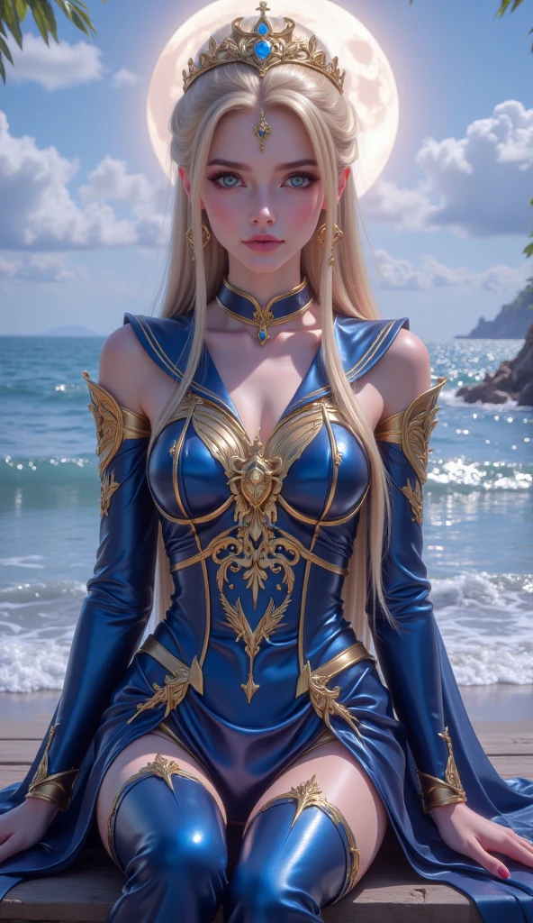 masterpiece, best quality, film, official art, sand, natural propaganda art, movie wallpaper, very detailed CG uniform 4k wallpaper, intricate details, white background, upper body, facial focus, concept art, making art, (high resolution), (realistic:1.2), physically based rendering, mechanical, reflection, realism, cyberpunk, symmetry front view close-up avatar eyes symmetrical face ,very sharp focus ,realistic award winning ,mask painting, cinematic light, 1 boy, mecha, , slim, fair skin, delicate face, king robe, glossy, tights, (long blonde hair), green eyes, battlefield, chip, shine, sword, (no panties), (no bra), (big breasts),wet,(((seethrough costume)))