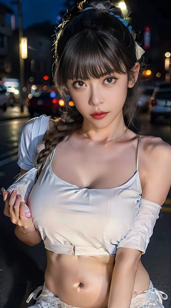 ((16 year old、Very cute girl in downtown))、((Wet white button long shirt:1.1))、White extreme mini skirt、Mini G-String、(((big boob:1.4、drooping breast:1.5)))、8k、RAW Photography、((A full body shot))、(High definition skin:1.2)、(revealing cleavage:1.5)、(Chest exposed:1.5)、(Exposed back:1.5)、(Shoulders exposed:1.1)、(Expose the thighs:1.5)、photos、masterwork、 best qulaity、Dark gray background、(Beautiful brown eyes、light blonde hair、ponytails、Huge soft breasts and beautiful abs、Black pubic hair、)、varied poses、hyperdetailed face、detailed eye、((No closeup))、((out door))、(street:1.2)、Sorrisos