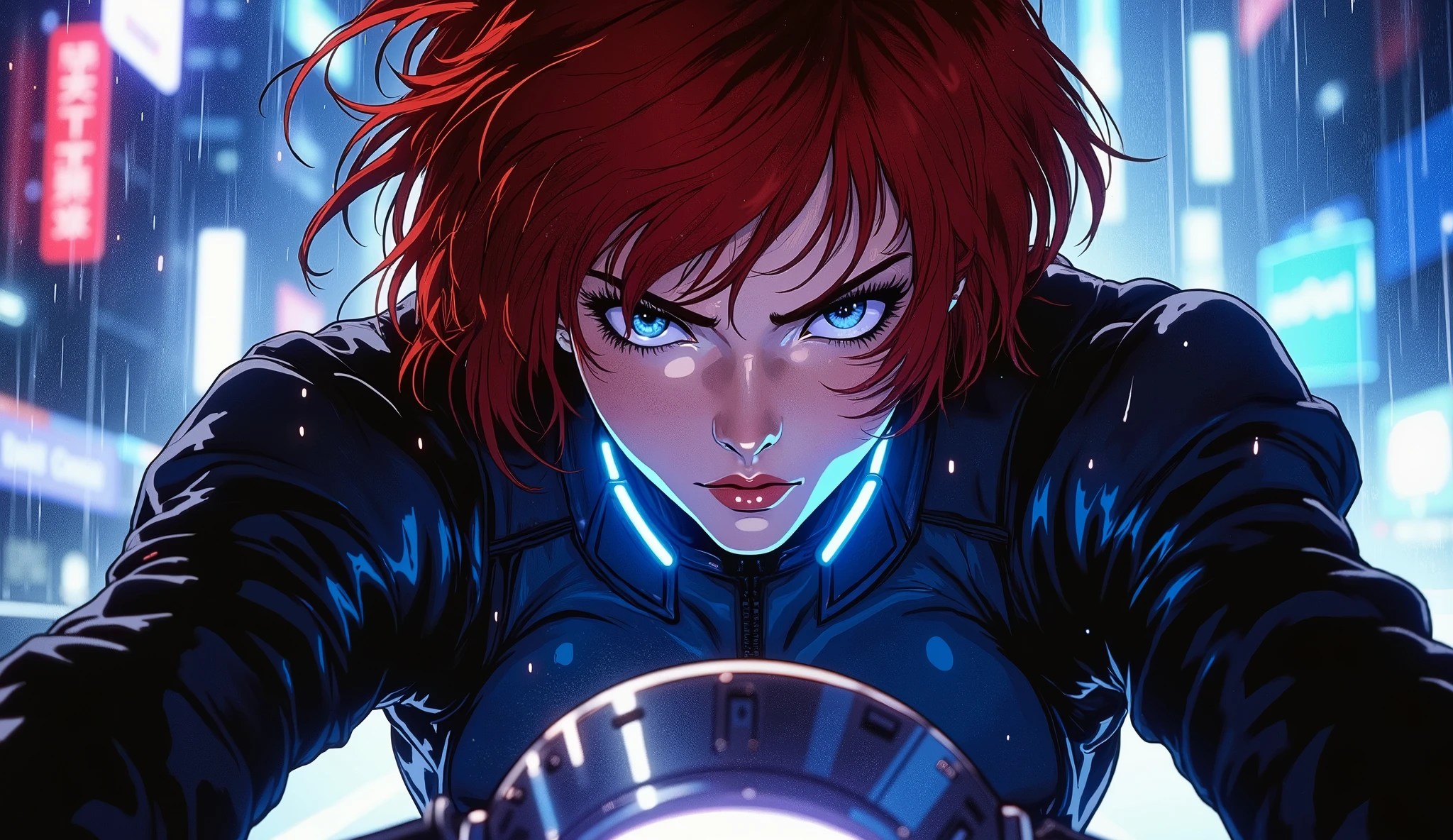 Dramatic close-up of a stunning female character in retro-futuristic anime style (80s/90s aesthetic), riding a sleek, futuristic motorcycle through a neon-lit cyberpunk city at night. Her glowing eyes are intense and focused, wind blowing through her short red hair as light trails blur past her face. She wears a high-tech leather suit with illuminated blue lines around her neck and shoulders. Rain particles and motion blur subtly frame the scene, suggesting high speed. Reflections of city lights dance across her face and visor. Her expression is determined and fearless. The background shows hints of skyscrapers, glowing signs, and digital rain. Cinematic angle. Inspired by Akira and Ghost in the Shell. Sharp focus on her face, slightly blurred dynamic background. Highly detailed.4k