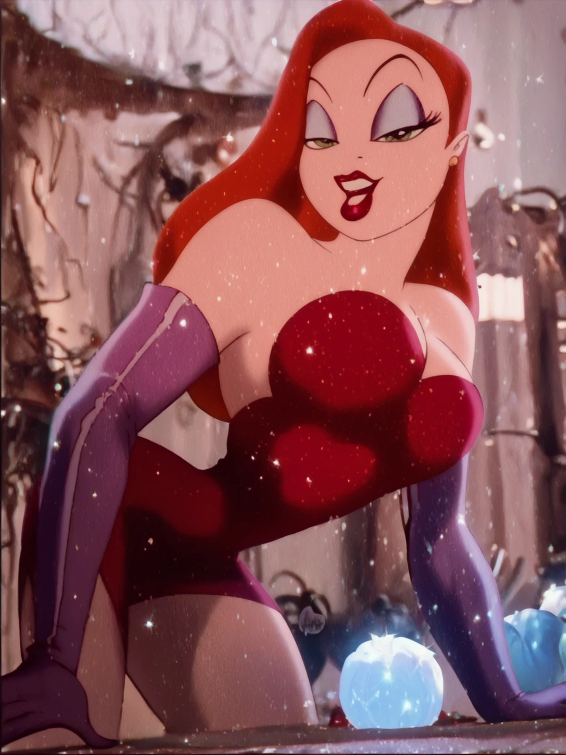 Jessica Rabbit, nude on bed, covering naughty bits with her hand, she has a donut on her vagina, open legs