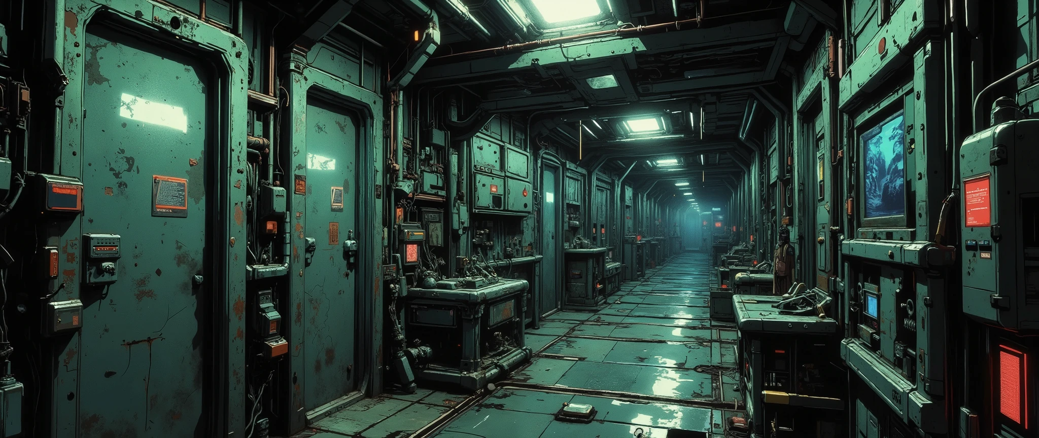 [[Anime Scene]] [[Anime Background]] A masterpiece, very current, high quality, 90s-style anime scene, with a dark and retro atmosphere, inspired by 90s anime. Right angle of a retro-style spaceship wall, a corridor wall seen from the front, the close-up focuses on the wall, right angle, smooth metal structure wall with doors and partitions seen from the front, the door is facing the viewer. [[Right Angle]] The background is dark and poorly lit, the anime style features an anime background and a 32k cel tone technique. The rendering is in the style of the animes Vampire Hunter: Bloodlost and Blame and Black Lagoon. Exposed wires. The ship has a steampunk style. Straight and linear walls, inspired by post-apocalyptic spaceships.