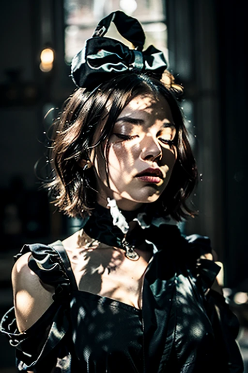 Stingy, Genshin Impact, Absurd,High resolution,Super detailed,ultra-Detailed Background,Detailed Background,Very detailed,One person,bouquet,(Tangled:1.2),(Geometric:1.2) Black and white color palette, monochromatic, big , Cleavage, Side bust, lingerie, Realistic depiction