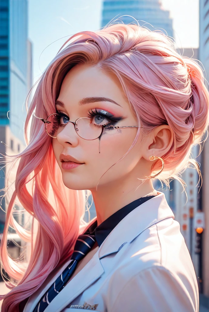 Best Quality, Masterpiece, Portrait, Perfect Anatomy, Femininity, Cool, Flawless, Solo, Sexy, Stylish, Mature, Long Light Pink Hair, Mole Above Lip, Red Lipstick, Big Breasts, With Light Blue Haired, the Girl is dressed as a sexy therapist, with glasses, cleavage and the backdrop is a therapists office with paddles and whips hanging on the wall