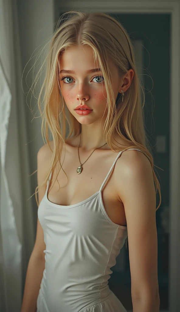 Generate a portrait of a white woman for me, with green eyes depth texture with little yellow, pronounced cheekbones, with a little freckles , somewhat long eyelashes, soft and realistic skin, yellow hair, something long making the effect of some wind for more realism, That it is inside a house. Bring back photography with high cinematic realism, as if it were taken with a Sonyalfa 77 DSLR camera, with front lighting and finally, it must be the most similar to the models that appear on Instagram and that she appears to be 20 years old and that she is sitting wearing a flirtatious white dress and the photograph is a little further away than up close. looking towards the horizon and in the background it looks like it is in a natural forest and the forest in the background looks as realistic as possible so that it looks as if it were a photo when it gets natural light from the sun and I want it to be realism:1.5 or more