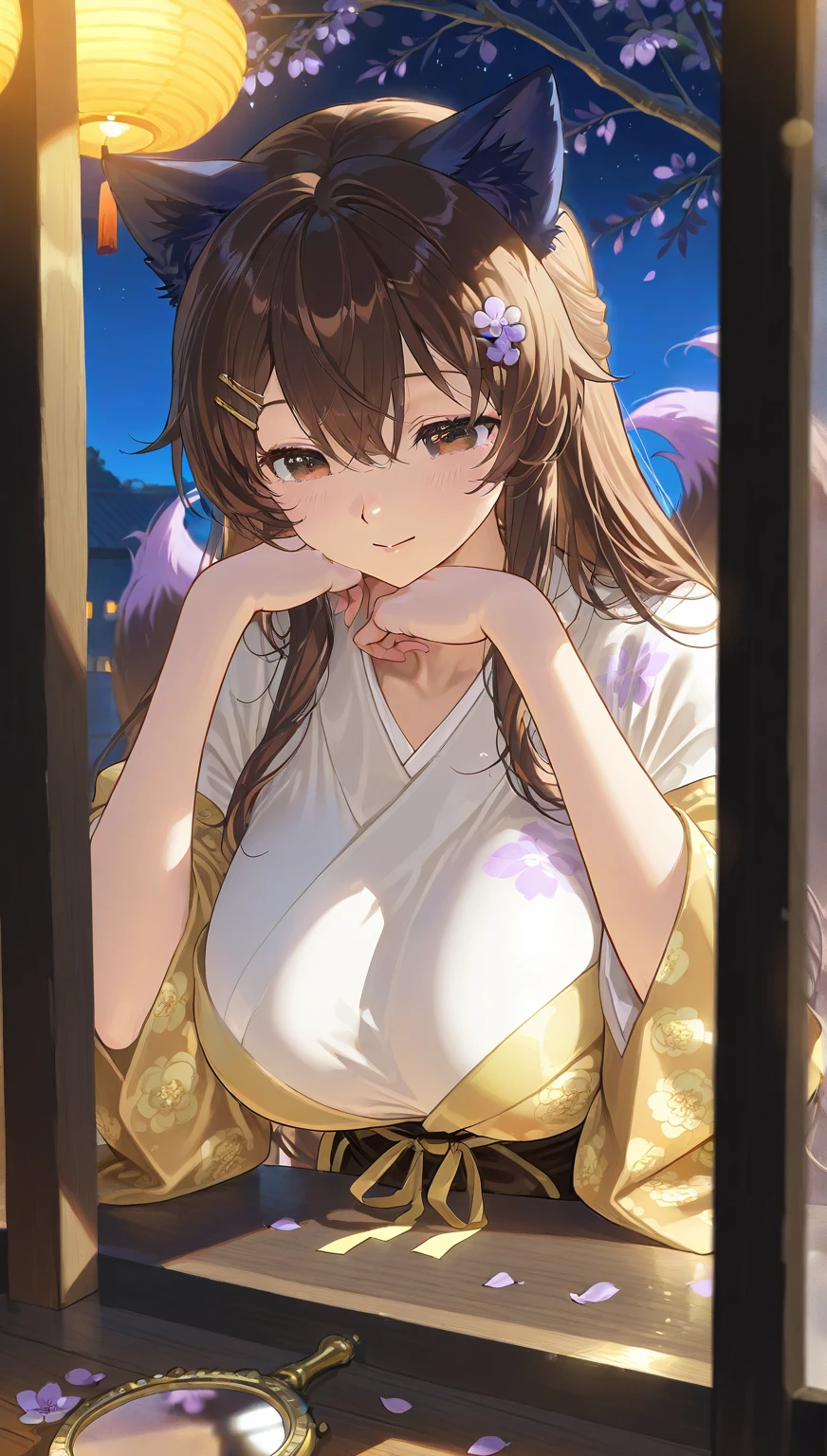 ((masterpiece,best quality)),1girl,fox tail, fox ears, red eyes, brown hair, large breasts,  ( beautiful woman ),(idol),looking at viewer ,brooch:1.5,indoors, office, embarrassed, closed mouth,