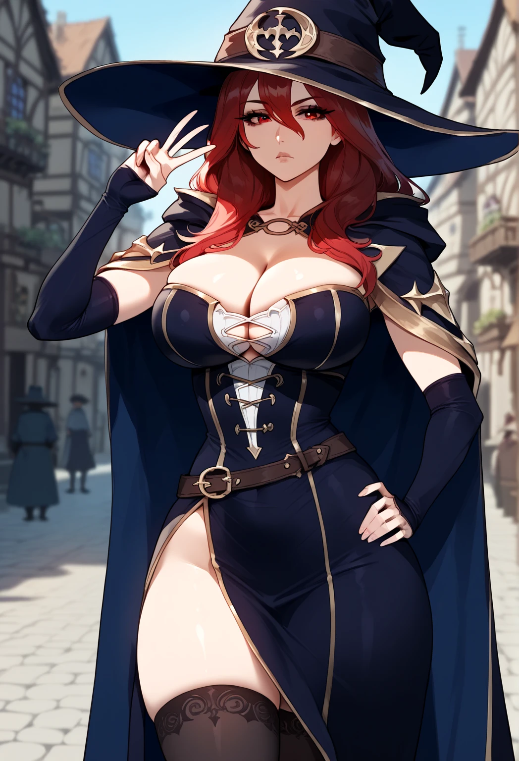(tmasterpiece:1.2, Best quality at best), actual, (Real pictures, Complicated details, depth of fields), tmasterpiece, Best quality at best, a woman in a white dress posing for a picture, (tmasterpiece, Best quality:1.2), 1 plump girl, Alone, sorceress woman, dragon crown, Red-eyed, Long gray hair, red hair clothes, Hats, a skirt, Thick lips, employee, the sleeve, cropped shoulders, Lop, Lateral fissures, The skirt is off-the-shoulder, （Huge cleavage：1.3）, Milky skin, Colossal tits, Crazy breast swelling, Chest larger than shoulder blades, Slimming the waist, Pelvis larger than shoulder blades, Ruddy cheeks, A smile, Five fingers