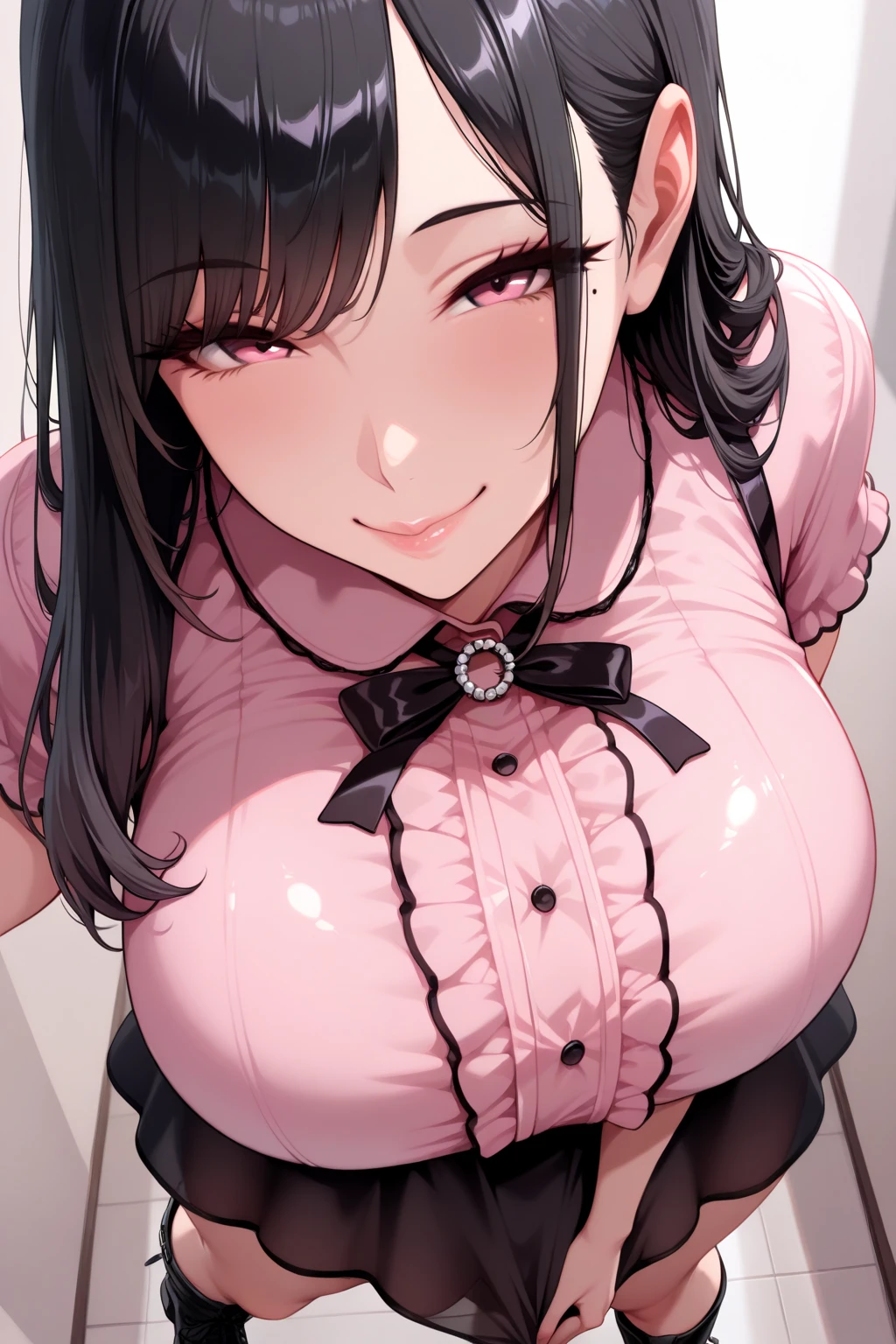 (masterpiece), (Highest quality), Perfect Eyes, Perfect Face, Big Lips, Brown Hair, Pink Eyes, The Face of Japan, Improve, Both sides up, Huge胸, Wide Hips, sexy, Gothic, Black and pink theme, cute, detailed, Pink Room, Decora, bangs, Grin, Improve outfit, cute, Pleated skirt, Cleavage, Hugeおっぱい, Huge , Dynamic pose, Dynamic Angle, evil Grin, Leopard