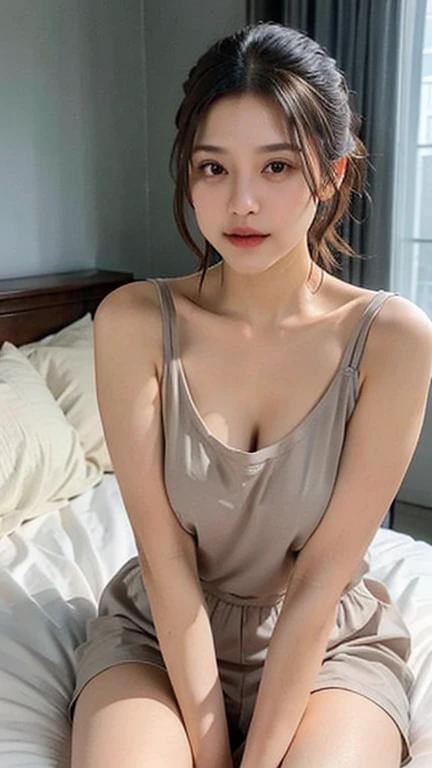 masterpiece:1.3), (8K, Photorealsitic, Raw photography, Top image quality: 1.4), Japan high school girls、(Random hairstyles:1.2)、cleavage of the breast:1.2、Super Detail Face、Eye of Detail、double eyelid、sharp focus:1.2、prety woman:1.4、light brown hair、top-quality、masterpiece、超A high resolution、(Photorealsitic:1.4)、very detailed and professional lighting、Loose long knitwear、Put your shoulders out、slender、serious facial expression、short-haired、all-fours、((no-good、baretop、Naked on the chest))、Cowgirl Pose、(thigh visible、I almost see my panties........、Unbutton all front of the dress)、Nipples are almost visible、wide Shots、Knees on the floor