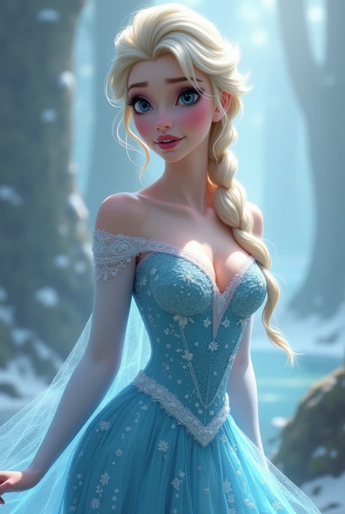 (masterpiece, best quality:1.2), Elsa, 1girl, solo, looking at viewer, blue dress, from frozen, cleavage, long white hair, blue skirt, blue eyes, sexy smirk, frozen castle,