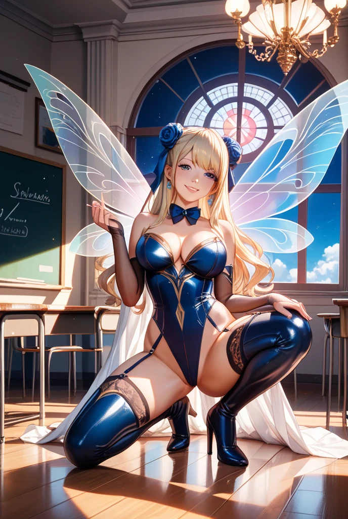 She has elegant blonde ponytails and striking blue cat eyes. Her attire exudes power and sophistication in a stylish pantsuit. She embodies the essence of a confident demon, radiating CEO-like confidence. Completing her enchanting aura, a pair of exquisite butterfly wings gracefully adorns her back.