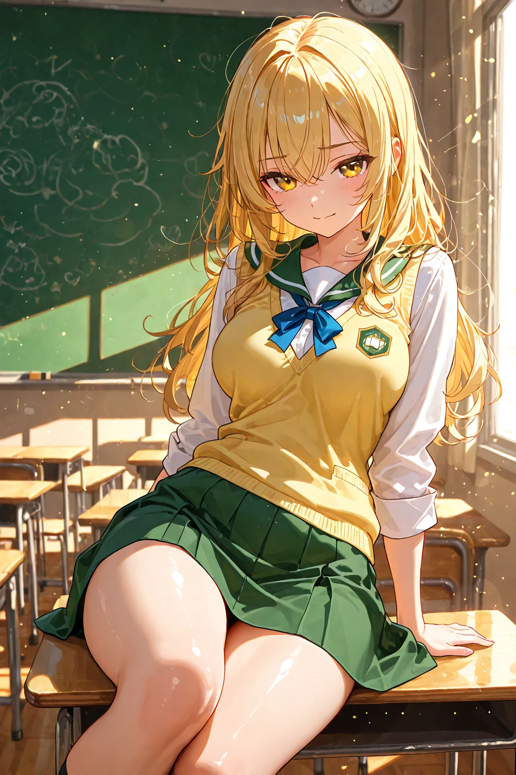 Mount Karatsu, Hachime Yukana, long hair, bangs, blonde hair, hair between eyes, (green eyes:1.5), ponytail, colorful hair, Scrunchie, ハイponytail, lipstick, Improve, Kogal, compensate,
BREAK skirt, shirt, jewelry, school uniform, clavicle, White shirt, pleated skirt, Collared shirt, mini skirt, bracelet, green skirt,
BREAK looking at viewer, full body esbian,
break indoors, classroom,
break (masterpiece:1.2), highest quality, High resolution, unity 8k wallpaper, (figure:0.8), (beautiful and fine eyes:1.6), highly detailed face, perfect lighting, Very detailed CG, (perfect hands, perfect anatomy),without pants,vacuum exposure,masturbation,without pants,Revelation of John,The vaginal opening exposed,vaginal opening valgus,scratch starvation,masturbated,incontinence,milk,vaginal openingをexposedさせる,vaginal opening,exposed ,(Nude 1.5),vaginal opening,vaginal opening,