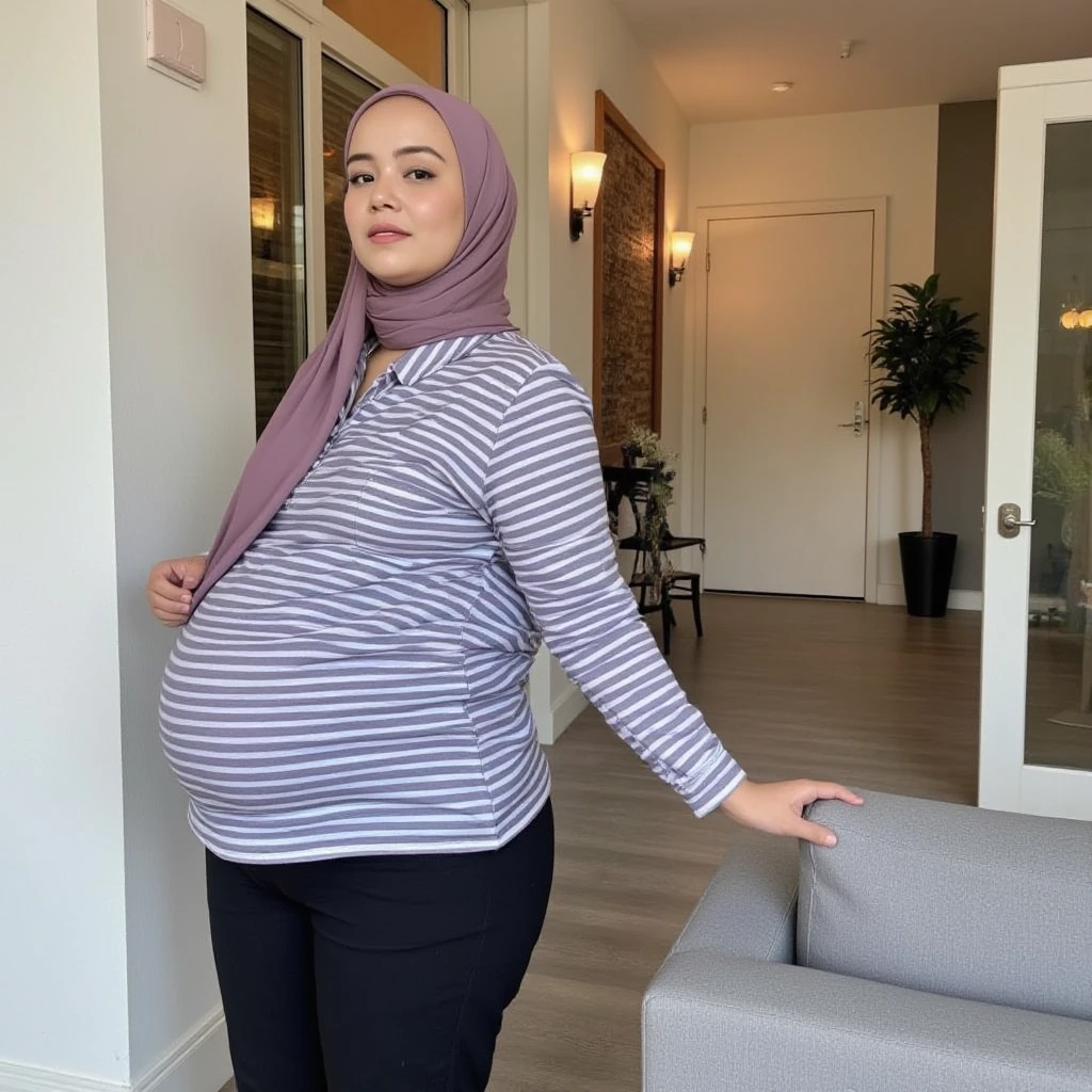 Attractive Muslim woman in hijab, wearing baggy shirt brown,  Palazzo pants brown, she was pregnant 9 months, 9 months of pregnancy, (huge baby bump), (gigantic pregnant belly), super huge pregnant belly, (largest pregnant belly), ((largest baby bump)), ((fat and round belly)), huge breasts, milf, sexy pregnant milf, milf body, third trimester, posing for instagram, big smile, 55 years old, standing near car