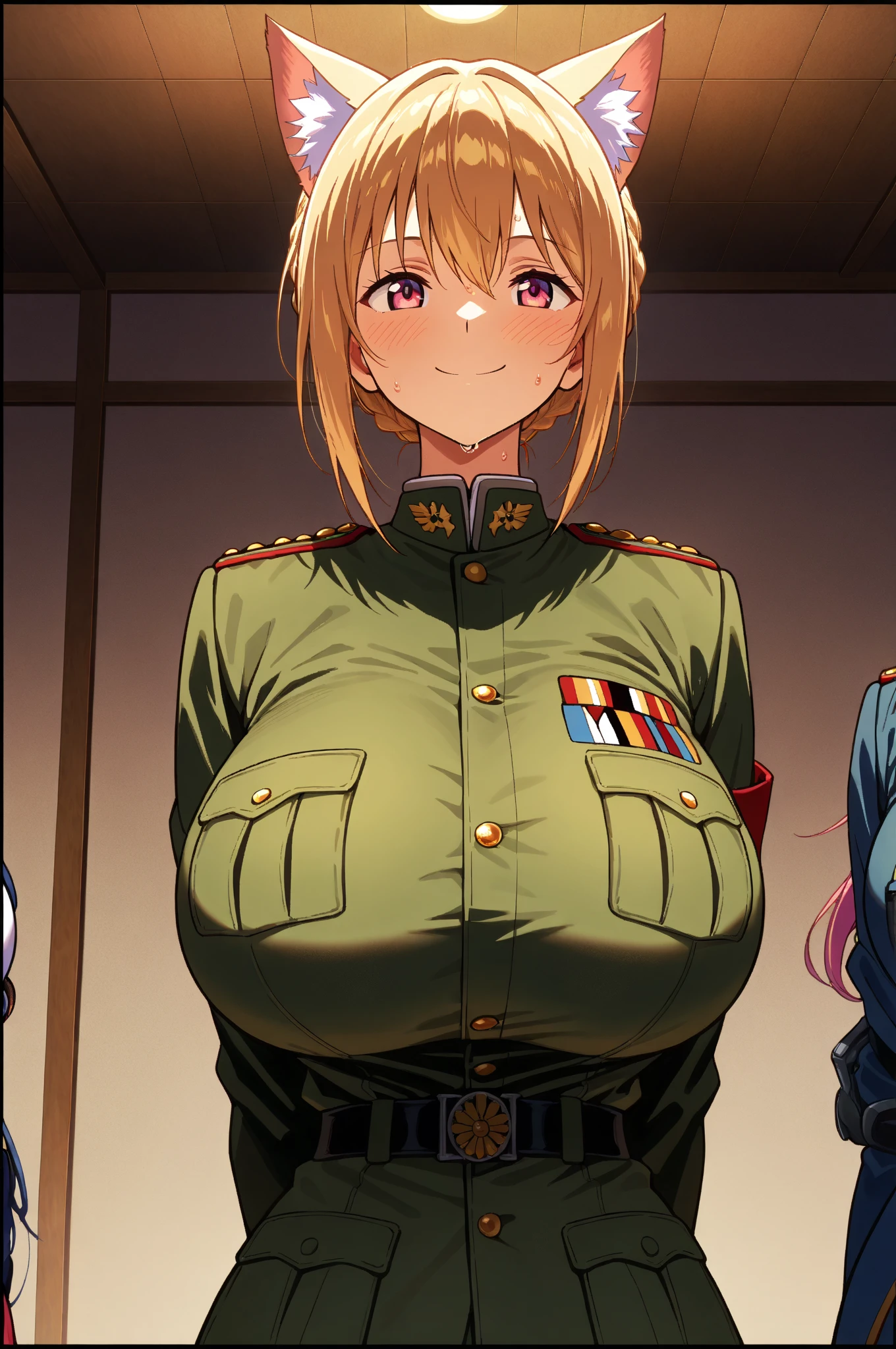 (2girl),Super detailed、bare breasts,Army clothing,smile,bare breast,big breast,huge breast,
