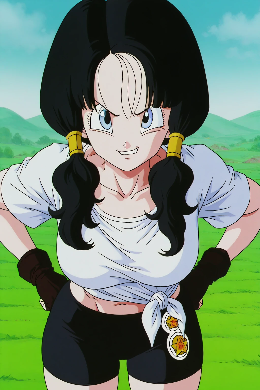 Videl from DB , Videl Pigtails , masterpiece , best quality , cinematic lighting , amazing quality , very aesthetic , absurdres , best quality , 4k , upscale , Base form , Black hair , 1 girl , blue eyes , white loose shirt , shirt is barely see through , black super tight shorts , brown fingerless gloves , viewed from front , curvy , grassy background , lips , lip focus , collarbone , teeth , barely opened eyes , day time , smirking , staring at viewer , mischievous expression , close up , city back ground , super close up , viewed from side and above , midriff slightly exposed , shirt tied , hip popped out , both hands on hips , leaning forward