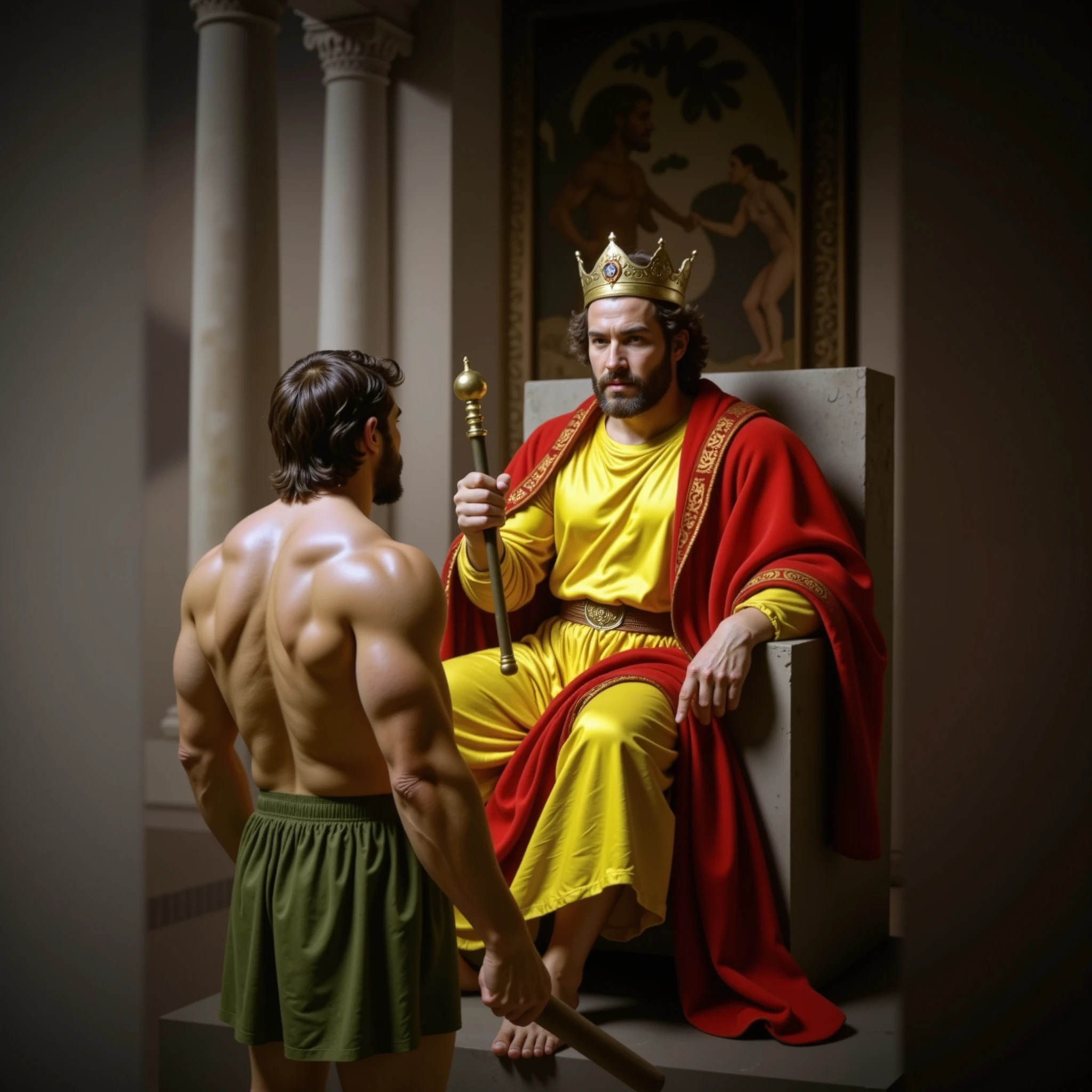 looking back, Darius Ferdynand wearing a tight-fitting tunic-armor, black and white, sleeveless, of the Roman Catholic Pope, without wearing pants, revealing his huge round muscular butt, looking at the viewer, peaceful and fair expression, BREAK St dynamic pose. Peter's Basilica, vatican, heroic rest, Religious reasons, chiaroscuro, Renaissance art, ecclesiastical power, realistic BREAK, cinematographic, Best Quality, detailed background, depth of field, intricate details