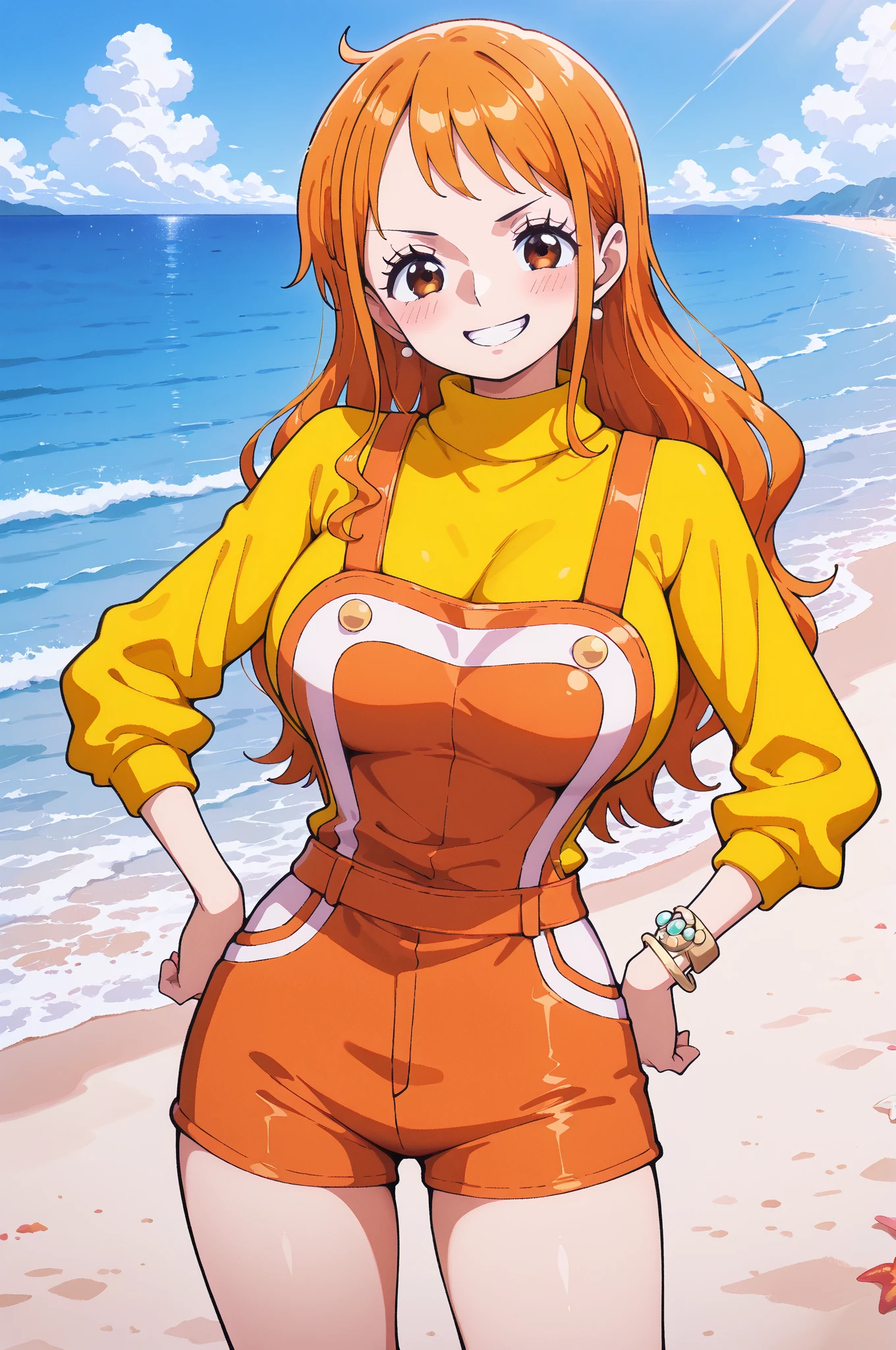 masterpiece, Highest quality, Dukraura, Orange Hair, tiara, necklace, ((Yellow leotard))、（High leg）, Elbow hand pockets, Cowboy Shot, View your viewers, city, garden, null, spring, smile 