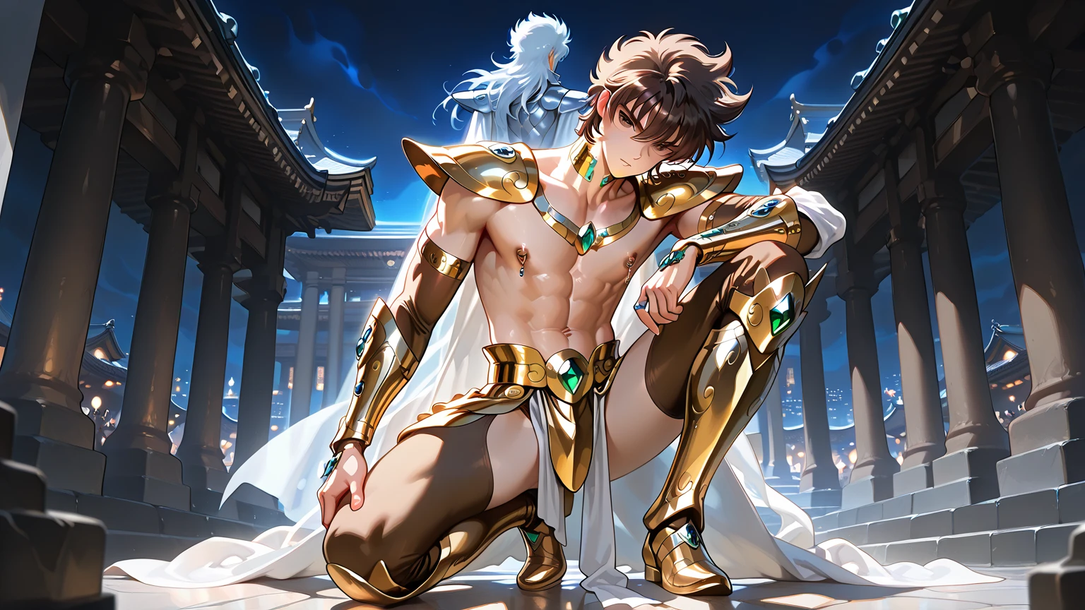 Fantasy, hyperrealistic oil painting portrait photo, art by john william waterhouse; Charles Dana Gibson; charlie bowater; Alphonse Mucha;, of (1 men) 25 y.o, musculine, man in royal regalia wearing a golden wonder woman armor style, covered with diamond. naked, his face is mix between will smith; henry cavill; jason momoa; timothée chalamet; V BTS; Jungkook BTS; Taeyong NCT; Lay EXO; Cha Eun Woo ASTRO;, clean shaven, smooth body no hair, Very handsome golden ratio face, starry night, A giant moon behind the mountains, A tranquil lake reflecting the night, hyper-realistic scene bakground bokeh, ultra detailed, photo-realism, 8k uhd, dslr, red hairband, shy, seductive smile, (photorealistic:1.3), soft lighting, Fujifilm, 85mm, f/4.0, lens flare, high detail, cinematic lighting, (best quality:1.0), high quality, masterpiece, 16k, anatomically correct, award winning, best quality