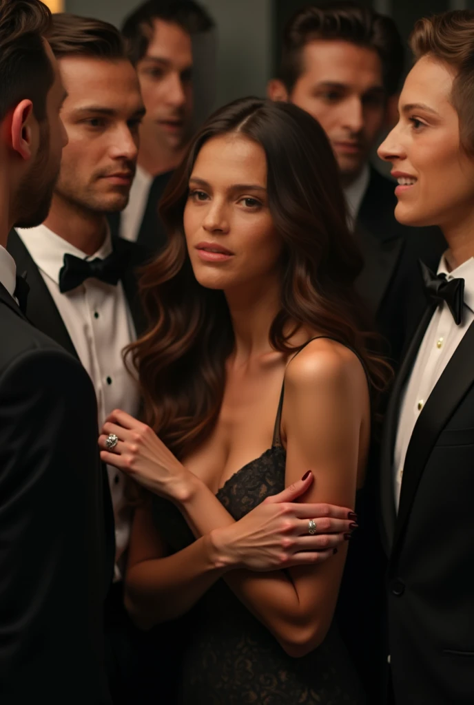 { 1 girl, In a rich man's secret sex social club, night,Bright, ((There are men's hands around)), ((Lean over)), ((Being caught in the breast)), (kissing another man), (Look at it from the front, wide view) }, { (masterpiece:1.4), (ridiculous resolution:1.4), (best quality:1.7), (Photo-realistic:1.7), (Luminous lighting:5), (Chiaroscuro:1.5), (((Low profile))) }, { (young, 20 years old),(Blushed),(Arouse:1.6),(cry),(gasp), (moist and shiny skin), ((Slender figure)), (beautiful big pelvis), ((Brunette girl)) long hair }, { ((perspective)) ((White fetish costume dress)), ((Lower chest)), ((pubic hair)), crown }