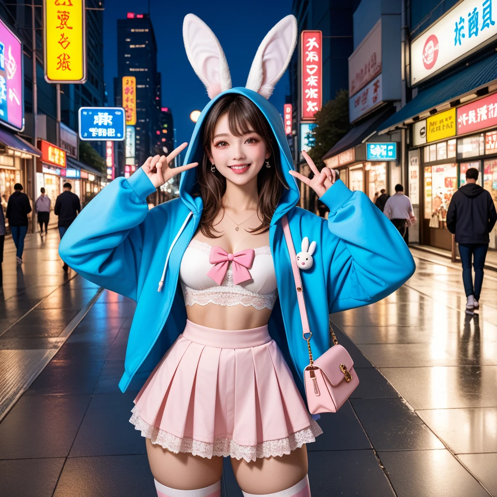 A small-breasted girl is wearing a bunny suit and standing on one leg。The girl's hair is black、Hairstyle: Ponytail。Wearing opera gloves and stockings。