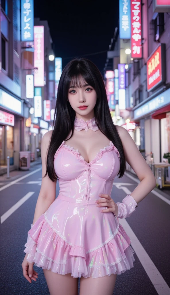 ((16K)),((masterpiece:1.3)), ((Highest quality)), ((Ultra-high resolution)), (Very detailed), (Realistic, photoRealistic:1.4), Perfect lighting,((Side light)), Written boundary depth, Surrealism,photo shoot, No makeup, Film Grain, chromatic aberration, Sharp focus, Face Light,((Beautiful detailsまでこだわった髪)),((Beautiful eyelashes)), Beautifully detailed face, ((Beautiful Hair)),Beautiful details, Beautiful clavicle, Beautiful body, Thin legs,Beautiful breasts, Beautiful legs, ((Detailed and carefully drawn hand)), Cleavage, Perfect Anatomy, Supermodel with a long neck,((Skinny1.3)),23 years old,Looking into the camera,(Perfect Anatomy,Anatomically correct, Very detailed肌), Glowing Skin,((pale skin)),((beautiful girl:1.1)),(( large breasts :1.5)),shiny hair,((two side up)),(Medium Hair:1.4, Wavy Hair:1.2, Black Hair) ,((Hime cut:1.1)),Dainty facial structure,((Captivating smile:1.5)),((leaning on rail:1.2)),(her legs spread in M legs:1.2), ((spread legs:1.2)),((from side)) (((wearing jirai fashion, shiny pink satin, shiny pink latex, high neck, short dress with many frills, pink Lace, micro mini skirt, bow ribbon)))+, ((super large breasts)), ((see-through black thighhighs ))+,(( Create a vibrant and detailed image of Akihabara at night:1.5)), Akihabara,showcasing its iconic neon-lit streets,((The scene should feature tall buildings adorned with colorful neon signs:1.4)), ((electronic billboards1.4)), and advertisements, casting a bright,(( multi-colored glow over the bustling street below)), ((The sidewalks are filled with people)), ((some in unique fashion styles like "jirai kei" or cosplay)), reflecting the eclectic and lively atmosphere of the area,((The overall mood should be energetic and slightly futuristic, capturing the essence of Tokyo's famous Electric Town)), neon lights and holographic advertisements illuminating the scene,((wide angle:1.5)),