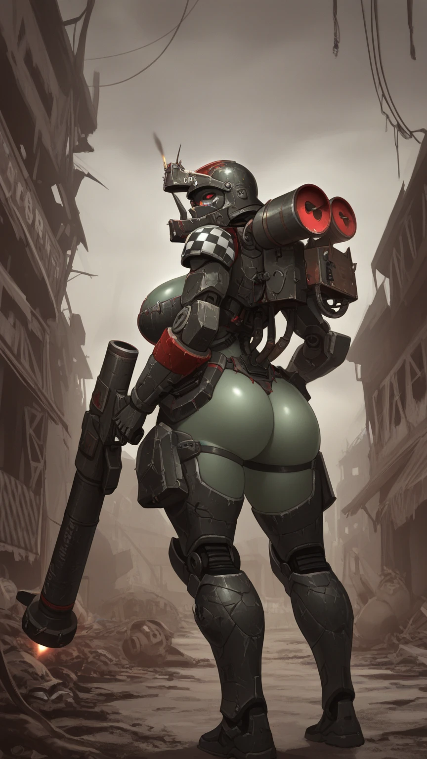 haven trooper, 1girl, solo, helmet, faceless, bodysuit, red eyes, armor, gloves, breasts, glowing eyes, thick thighs, military, outdoors, city, war, battle, fight, akm, ak-47, rifle, holding gun, huge inflated belly, overfeed, belly bulging out, belly inflated like a giant ballon, huge belly,