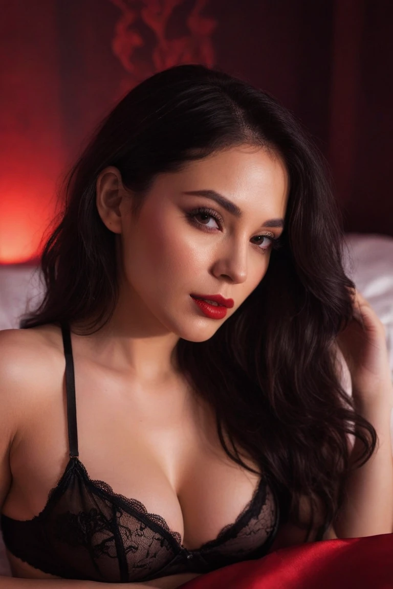 frontal photograph long jet black hair, 4k quality, Extreme Detail Photography, Eye for extreme detail, masterpiece, on top of the bed wearing a christmas outfit, a beautiful woman, posing for a picture, looking aroused, stockings, red lips, depth of field, close up shot of her face and cleavage, black hair dark Eyes, , nice ass, full body view