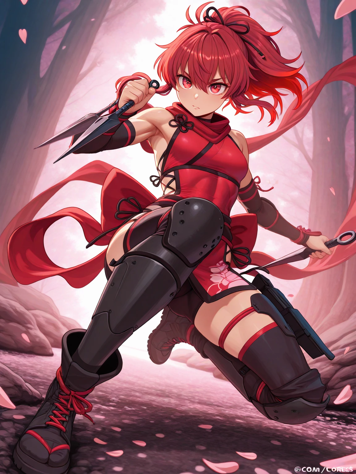 night,Blood Girl，long sword，dual horsetail，boot，Crimson gradient hair color