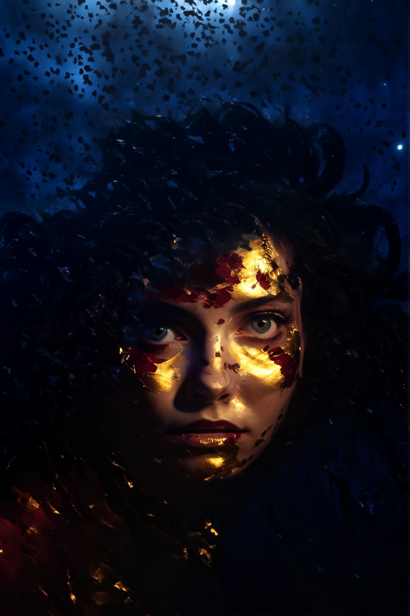 cute,Nezuko Kamado,horror scene,horror scene, dark, glowing eyes,enigmatic woman with long flowing hair, Semi-realistic, Half-dreamy, what is her silhouette Blending into the stars and dark blue fog. her eyes shine with soft golden light, reflecting sadness and passion. The background is a cosmic night sky with a crescent moon, surrounded by deep red and gold swirling abstract brushstrokes. mixed digital fantasy art, reflecting fragments of her face. ether, Painter Style, Reminiscent of John William Waterhouse, with broken mirror fragments drifting around her. Sulky, cinematic lighting, dark romanticism