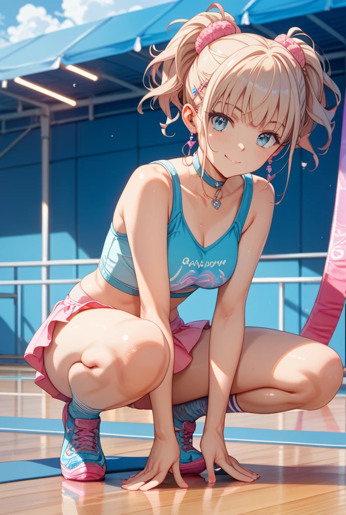 Long pale cream hair,Double Twin Tail、(Sweaty skin)、 (Highest quality, 8K, 32k, masterpiece, Ultra-high resolution:1.2)、Wet clothes、((See-through))、blush、((I am an 11 year old girl)),((((Sweat)))),((From Adobe)),Tank top,Short leggings,Fitness,training、(running)、Thighs