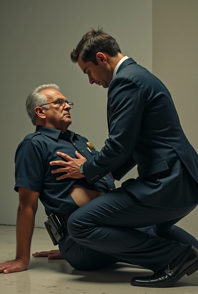 2 men surrounded by lots of old men , one old 60's year old smiling with a gray beard in a suit looking down , the other man is blonde and very hairy and naked and erect penis and being groped and muscular and embarrassed andbig beard and short hair and wearing a Chain harness , in an conference room surrounded by old men, perfect anatomy