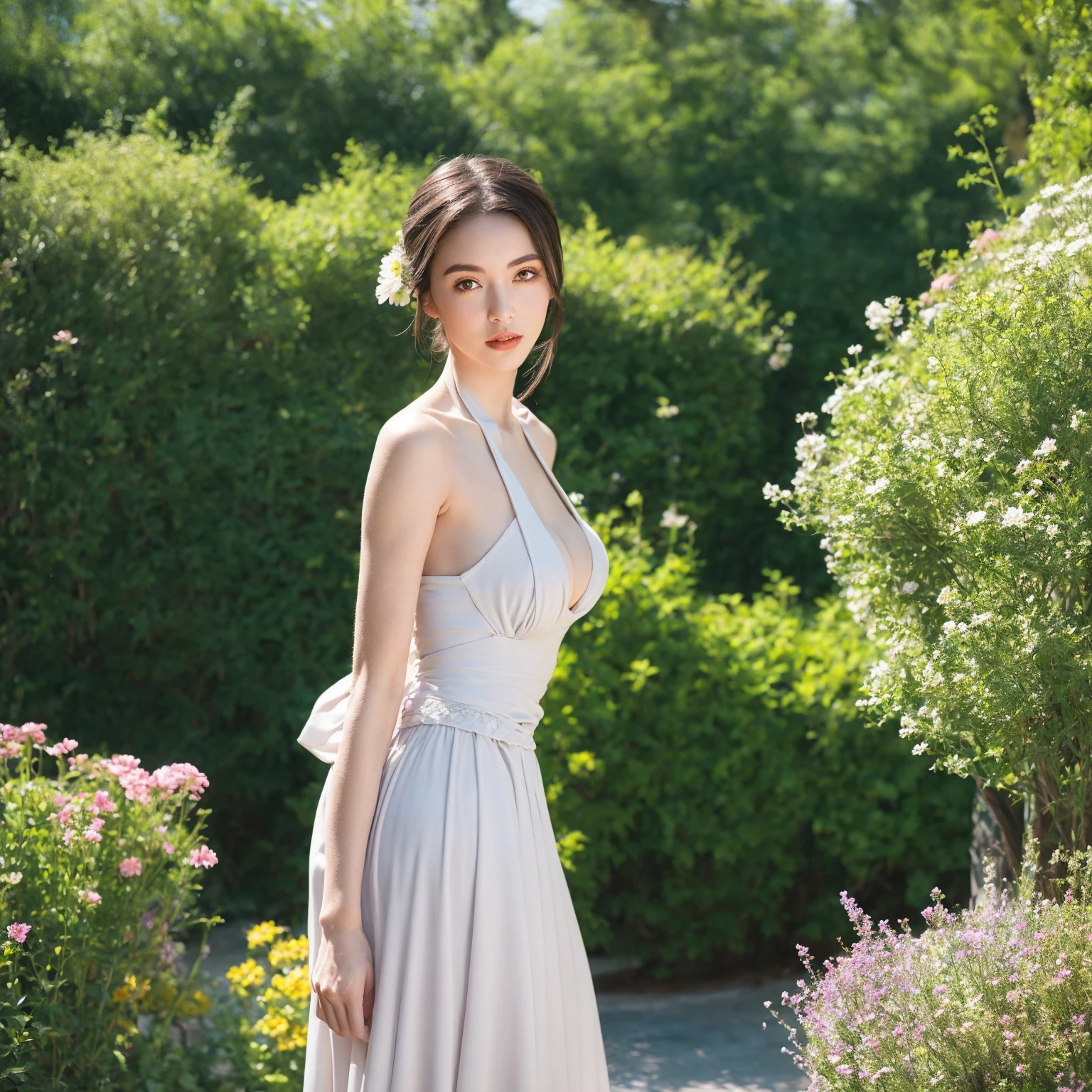 (best quality:1.4), 8K, ultra high definition, (ultra high res:1.2), absurdres:1.2, (raw photo1.2), (realistic, photo realistic:1.4), (masterpiece:1.3), (intricate details:1.2), 1 nogizaka girl, utterly cute, (bishojo:1.35), (15yo:1.4), ultra detailed beautiful eyes and face and skin, perfect shiny skin, perfect skin, fair skin, medium breasts, ultra detailed black short ponytail, cinematic lighting, smile at the camera, cowboy shot, (alice and the pirates fashion:1.1), ultra detailed beautiful dress, cleavage, open chest, (hair accessory with blue rose), petit trianon garden and farmhouse, view a village and lake, ultra detailed background