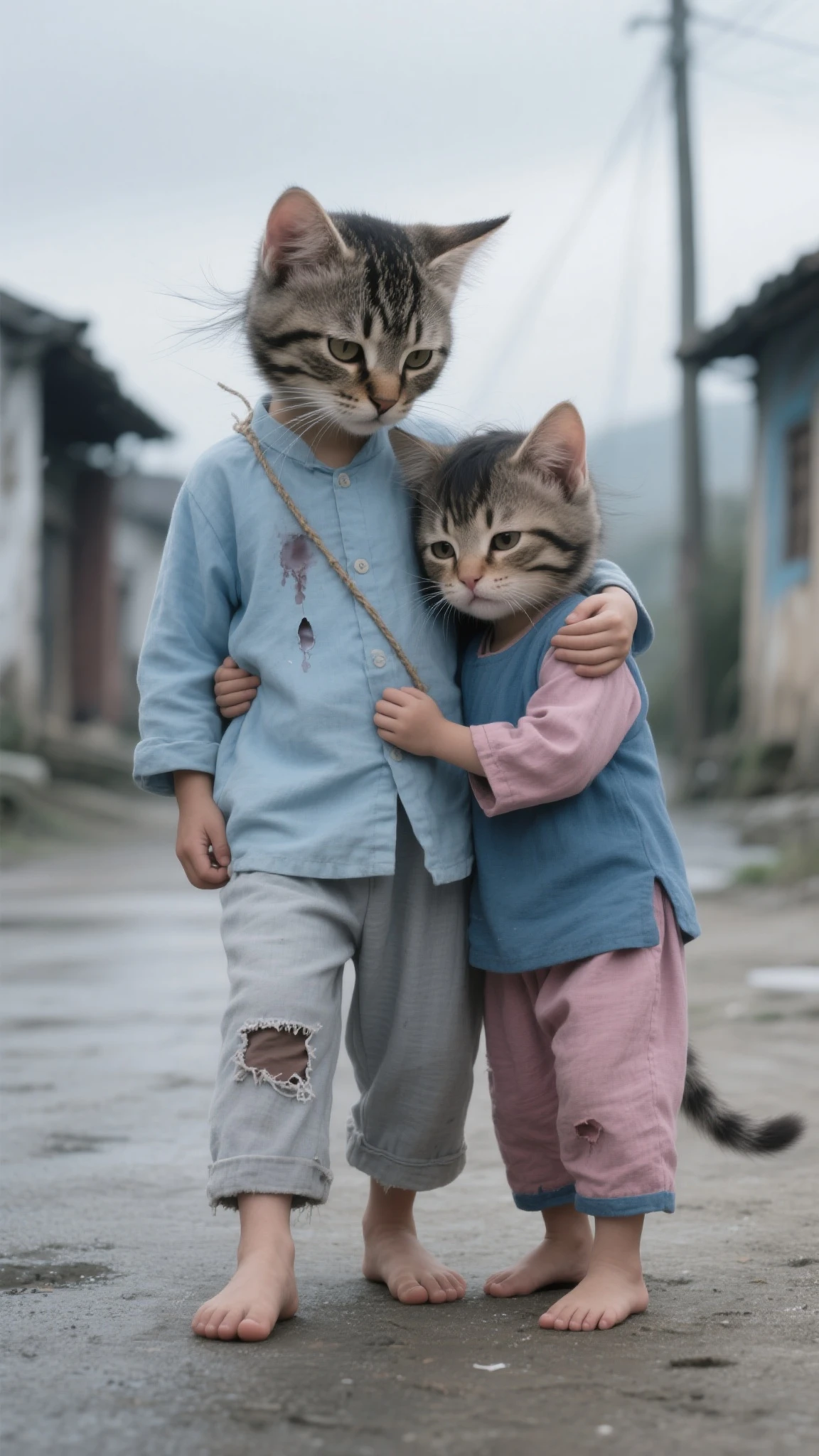 Little sad and depressed kitten, crying with tears in your eyes, it is in the middle of the street in a state of abandonment, sad and depressed look without hope, image showing loneliness and helplessness and very moving