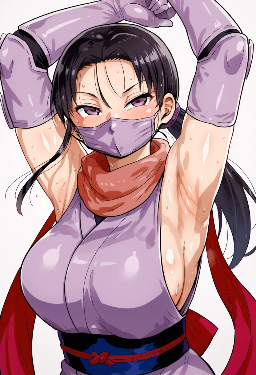 score_9, score_8_up, score_7_up, source_anime, rating:general, masterpiece, best quality, KiliuP, 1girl, armpits, breasts, mask, solo, ninja mask, purple eyes, gloves, mouth mask, purple gloves, sweat, scarf, elbow gloves, japanese clothes, ninja, blush, looking at viewer, long hair, short kimono, kimono, arms up, red scarf, large breasts, black hair, sideboob, low ponytail, sash, white background, presenting armpit, shiny skin, sleeveless, upper body, very long hair, covered mouth, half-closed eyes, simple background, ponytail, obi, sleeveless kimono
