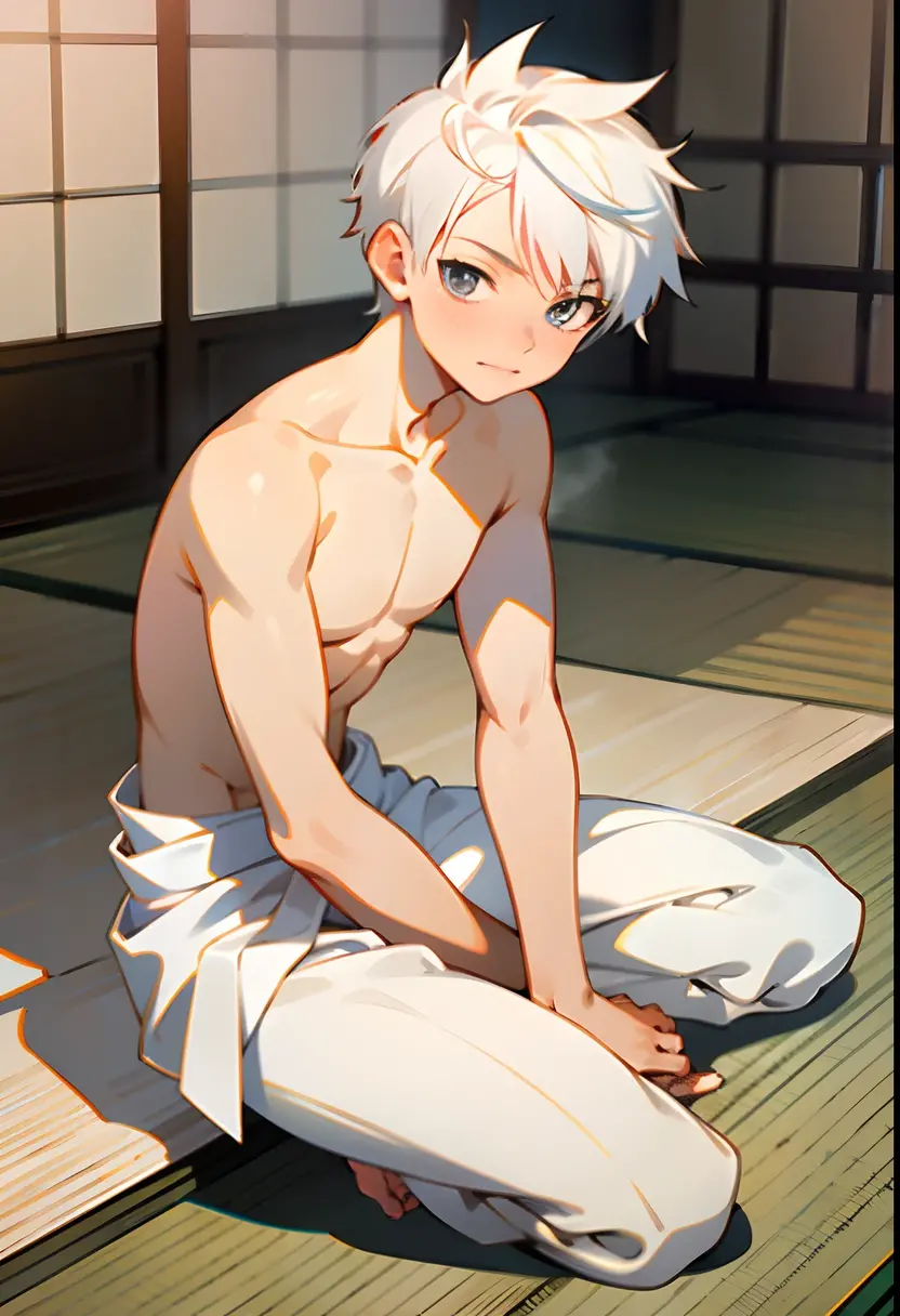 masterpiece, best quality, high quality,  1boy,10yo, , duo, male focus, full body, looking at viewer, white hair,spiky hairstyle, short hair, steam smork, japan style,  anime coloring, shy, home muji style, detailed face, topless, white towel on waist,white silk, sit on tatami