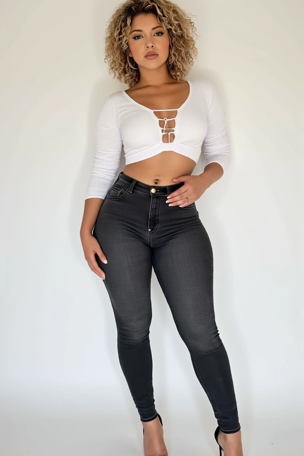 Girl: Age: 23 Height: 175 cm Nationality: African American 1. Face: Face shape: Oval face with dark skin of a warm chocolate tone. Eyes: Large brown eyes with long lashes. The gaze is soft and calm. Lips: Full, expressive lips of a natural dark pink color, with a slight smile. Nose: Straight nose with rounded nostrils, of neat shape. Hair: Medium length, white in color, straight with a slight wave. The skin is natural, with no shine. 2. Figure: Body type: Average height with a feminine figure and smooth curves. The waist is well-defined, hips are rounded, creating an hourglass silhouette. Breasts: Size 3, natural shape. Shoulders: Slightly sloped, giving the figure a softer appearance. Legs: Slim, long legs with toned muscles. 3. Clothing: Top: White lace corset. Bottom: Black oversized jeans. Shoes: High white sneakers. 4. Pose: Dynamic pose, with hands in pockets. 5. Location: Background: Black brick wall on a street. Lighting: Natural daylight. Details: Some bricks are broken. Mood: Cozy and calm atmosphere, the girl appears relaxed and enjoying solitude.