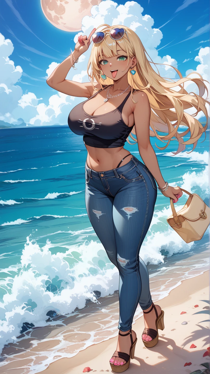 samus aran, (facing viewer:1.25), ponytail, large breasts, hair tie, (topless:1.5), (jeans:1.25), (standing straight:2.0), peeing herself, (wetting herself:1.5), very large peeing stain, huge pee stain, best quality, ultra-detailed, HDR, studio lighting, professional, vivid colors, sharp focus, physiologically-based rendering, bokeh, landscape, blue color palette, soft lighting, dynamic shadows, (hands on thighs:1.5), embarrassed, humiliation, blushing, angry, tears, (facing viewer:2.0), full body, high heels, (day:1.5), (daytime:1.5), (beach:1.5), (ocean:1.5), (shoal:1.5), (sand:1.5), groin, mound of venus