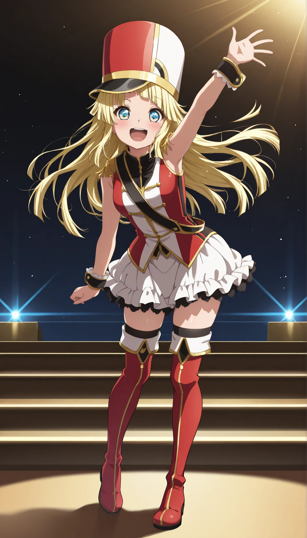 score_9, score_8_up, score_7_up, source_anime, solo, 1girl, absurdres,highres,masterpiece,best quality,amazing quality, ultra detailed anime style, anime coloring, ((disheveled hair, very good hair))), detailed eyes, perfect composition, moist skin, intricate details, very good lighting BREAK, Tsurumaki Kokoro, long hair, blonde hair, rouge lips, kokorohhw, hhw skirt, hhw shako cap, hhw band uniform, hhw wrist cuffs, hhw thigh boots , happy smile face ,outdoor ,on stage ,waving ,full body