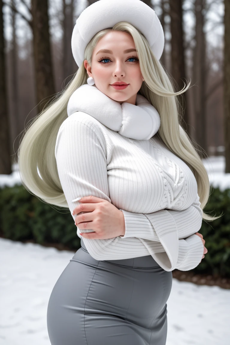 19yo woman with white rabbit ears and long wavy white hair wearing white leggings and white croptop sweater in a snowy park, detailed blue eyes, cameltoe, thigh gap, best quality masterpiece, detailed, 8k, HDR, shallow depth of field, broad light, high contrast, backlighting, bloom, light sparkles, chromatic aberration, smooth, sharp focus