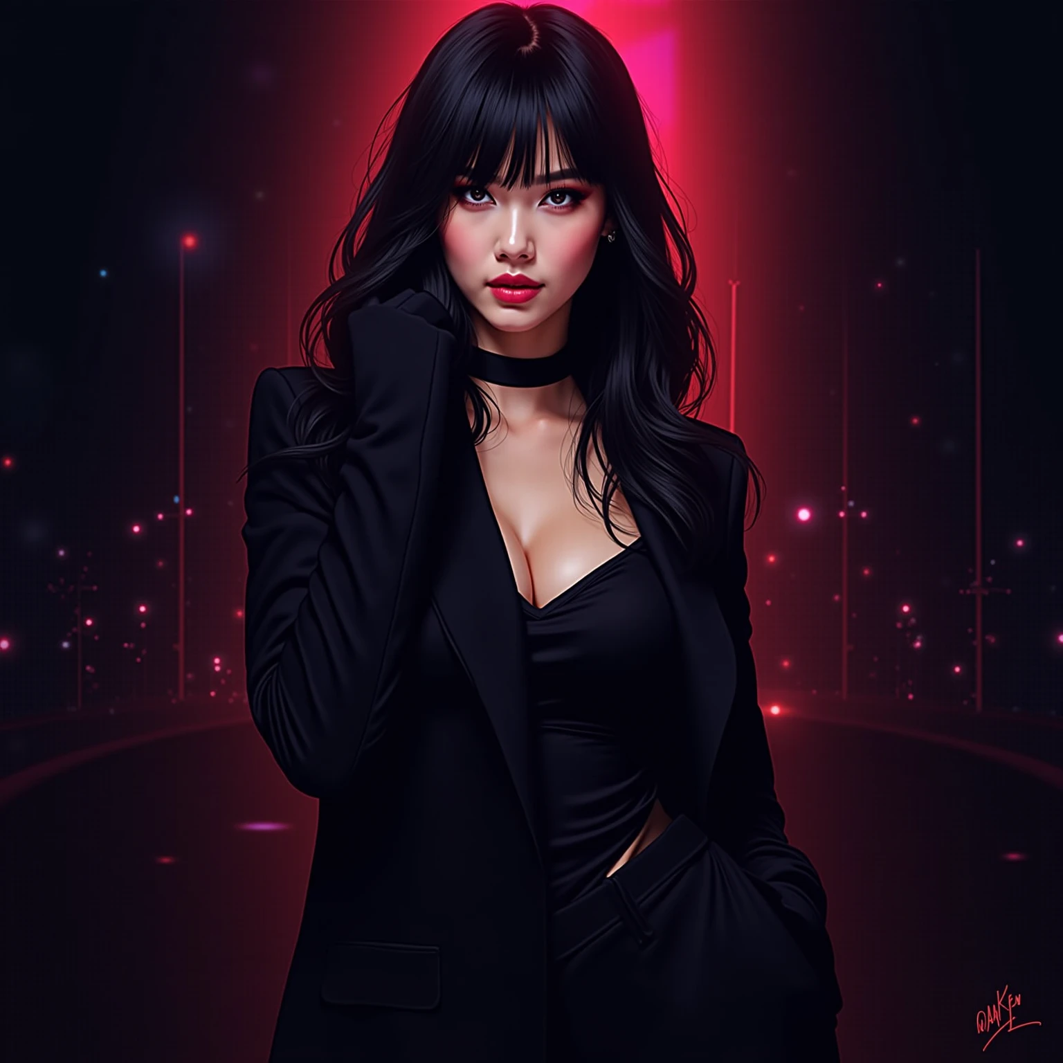 Mafia korean girl sitting in the chair with red lipstick. Semi animated but 3D. Close the coat