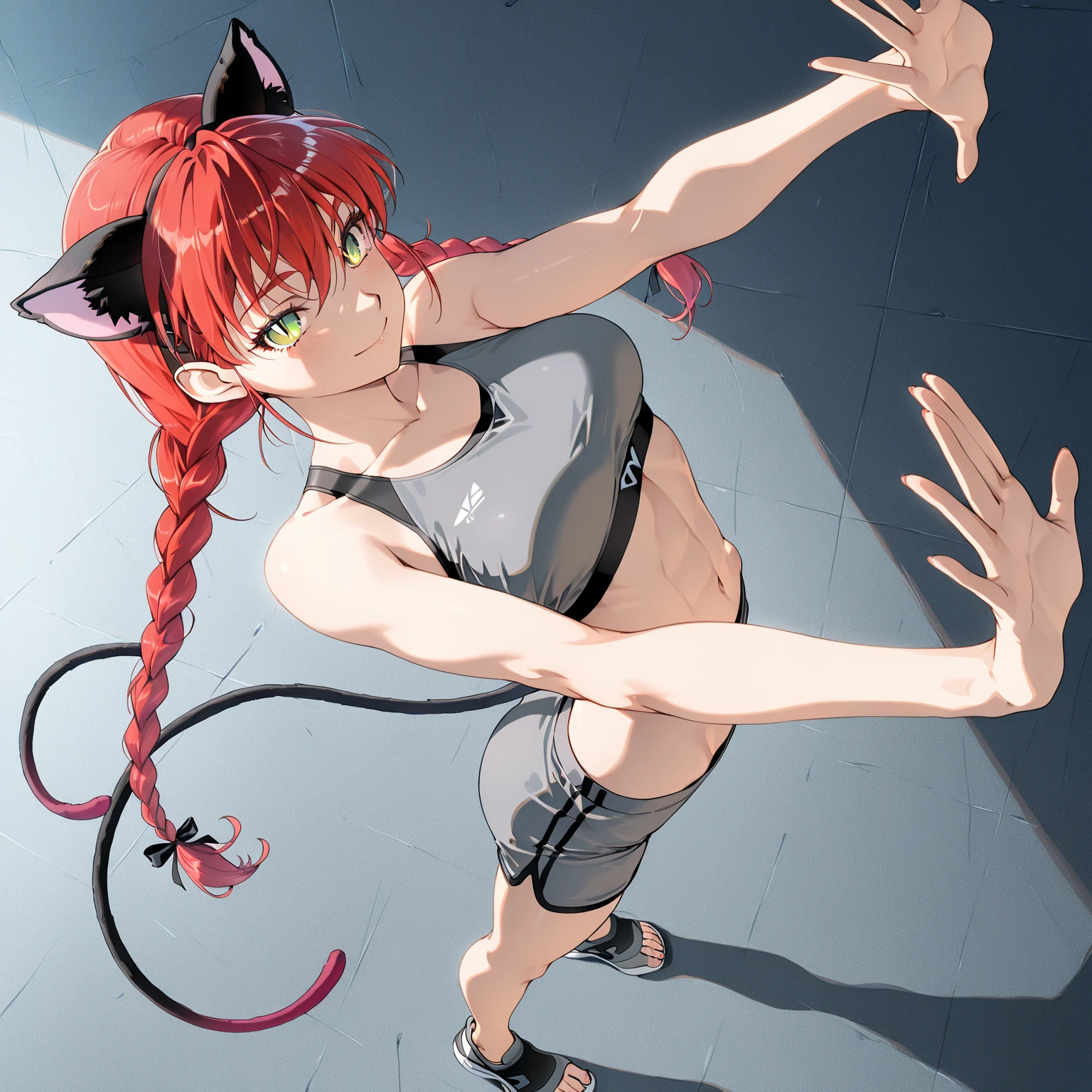 <lora:Hildegard_Crossange-10:1>1girl, solo, long hair, purple eyes, twintails, medium breasts, red hair, nude,<lora:JackOPoseFront:1>jack-o' challenge, flexible, spread legs, top-down bottom-up