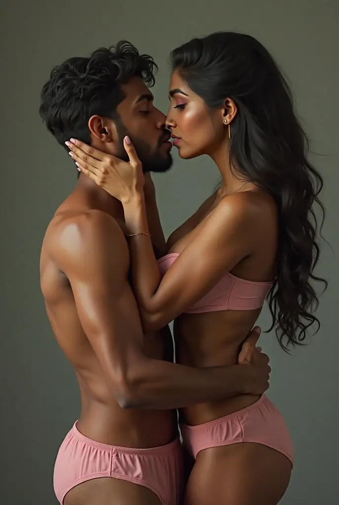 Indian newly wed couple, hot slim curvy white south indian milf with long single plaited hairstyle, big breast, big hip, very big ass, thick thighs, woman wearing loose-off shoulder top and leggings, bending over, sexy pose, looking at camera, man wearing vest and shorts, man and woman