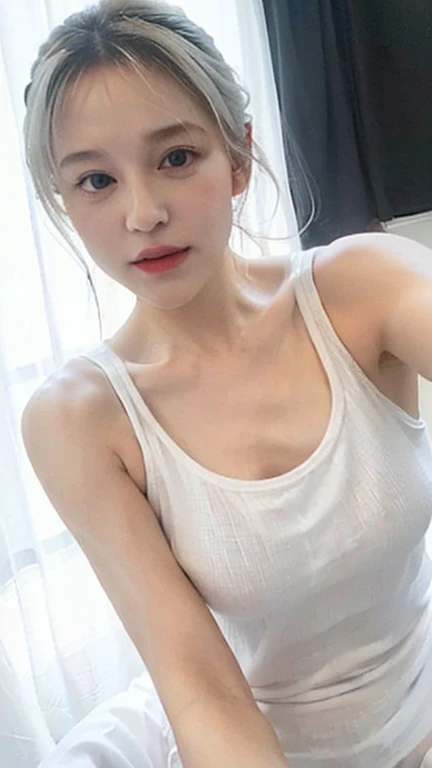 1 girl, alone, looking at the viewer, blonde long hair, hair is tied up, short body, smaller chest, white tank top, black mini skirt, Coastal rocky background, realistic, masterpiece, 最high quality, high quality, High resolution,