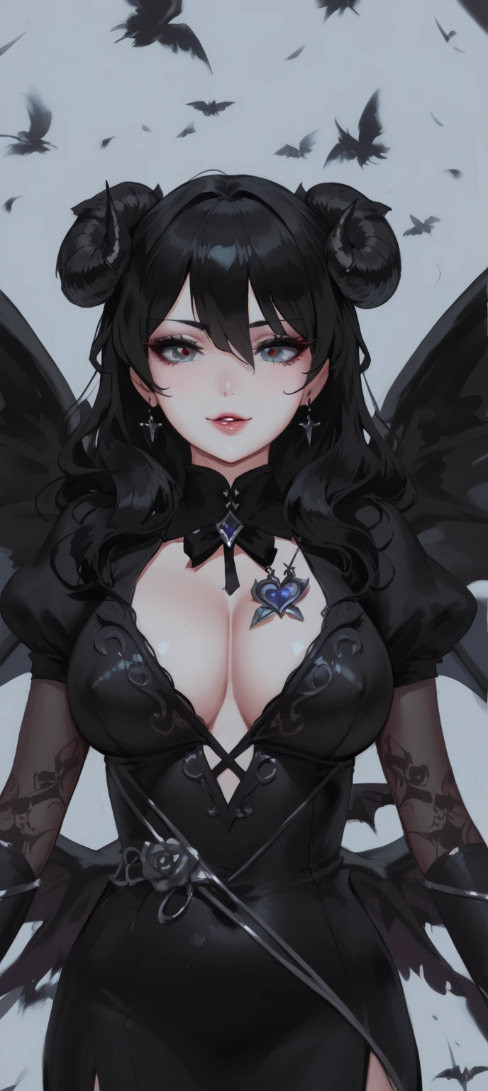 (high quality, 8k, 4K, high contrast, artwork:1.2, high quality, best aesthetics), (centered), (front view), ((1 woman)), erotic, sensual, mature body, grown woman, super detailed, beautiful face detailed, beautiful eyes detailed, detailed beautiful mouth, (long black wavy hair), (light blue eyes), (black eyeliner), (black eyeshadow), (black lipstick), (relaxed expression), (serious penetrating gaze), (looking at the viewer), (standing), (straight posture), (woman facing forward), (women's black playboy bunny costume), (black bunny ears), (white collar with black bow tie), (pantyhose), (light simple background), (big breasts), (wide thighs)