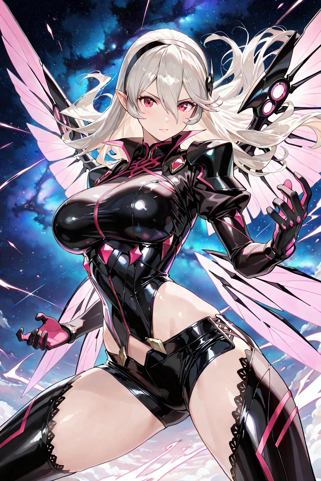 lunatic /(combat/), (comic cover), wide hips, large breasts, looking at viewer, smile, ahoge, energy, glowing, leotard, bare legs, <lora:lunatic-08:0.6>, <lora:Comic-10:0.6>