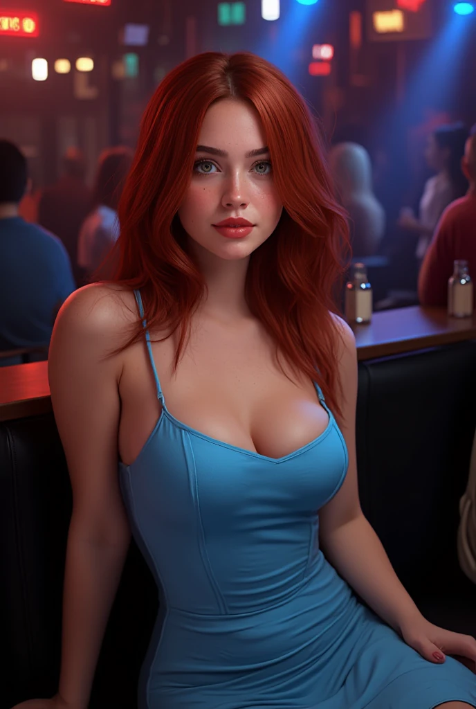 youthful teen, (blue eyes), (deep cleavage), long hair, face focus, ((cocktail dress)), fully dressed, standing in a nightclub, looking at viewer, (ginger red hair), (huge tits), (heavy breasts), (saggy breasts), (very thin body), lithe, skinny, thin hips