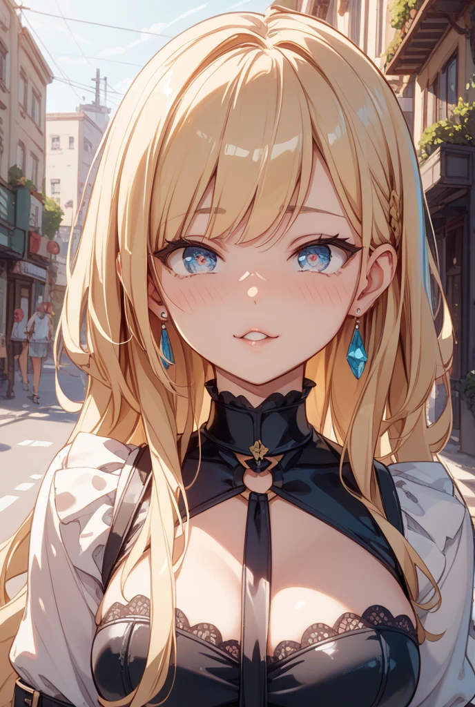 Blonde Hair, choker, (Green Eyes:1.5), Long Hair,
break bare shoulders, Blue footwear, blush, blush stickers, Cleavage, clavicle, Duel Monsters, have, Off the shoulder, Pentacles, wizard have, (Blue clothes:1.5),
break looking at viewer,
break outdoors, city,
break (masterpiece:1.2), highest quality, High resolution, unity 8k wallpaper, (shape:0.8), (Beautiful details:1.6), Highly detailed face, Perfect lighting, Extremely detailed CG, (Perfect hands, Perfect Anatomy),