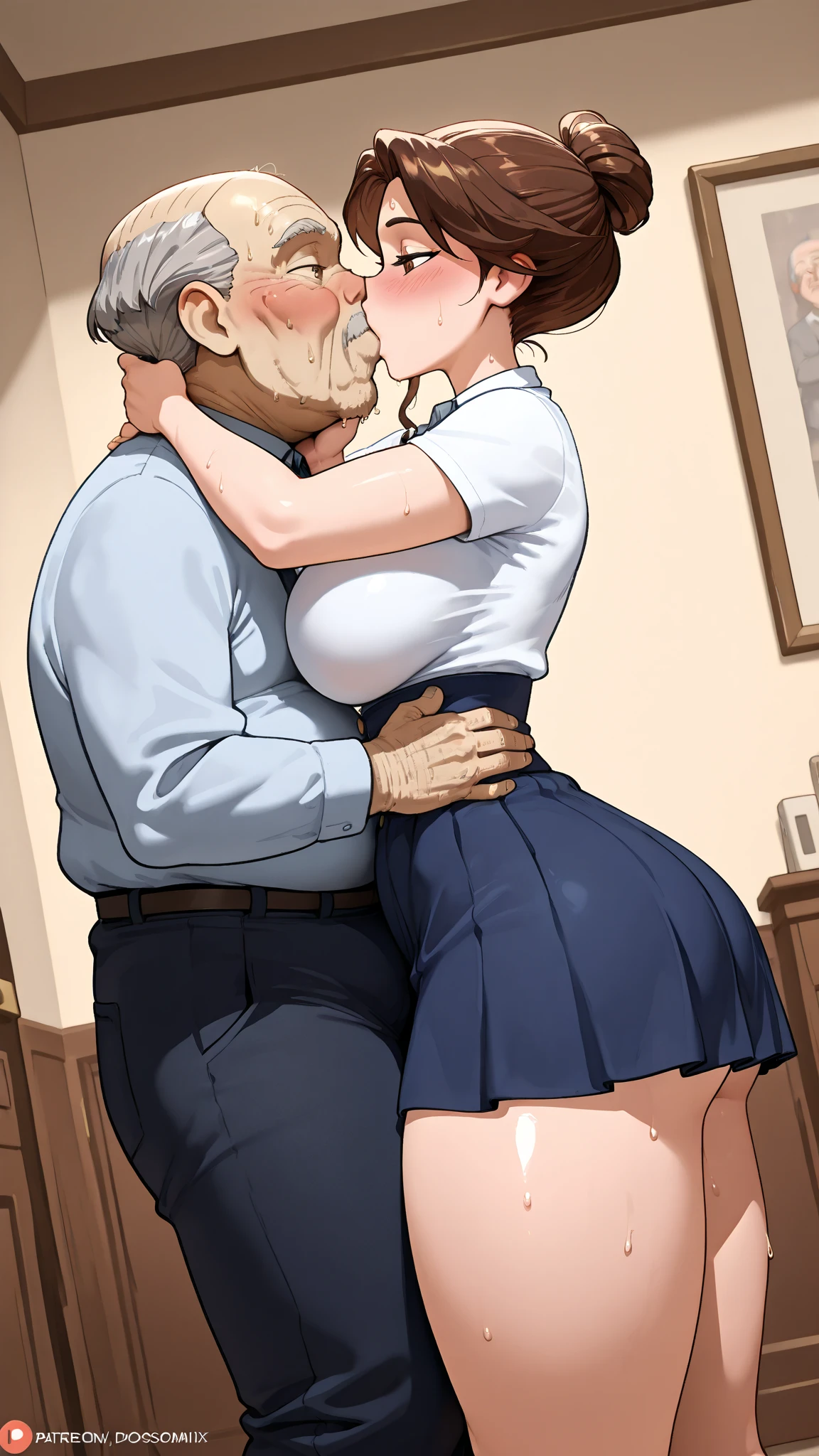(nsfw:1.2),((One girl, 1 Elderly)), ((Skirt flip:1.4)), ((Old man grabs woman's skirt)), The old man laughs evilly, Huge breasts:1.7, Anime cel painting style, Highest quality, High resolution, Huge breasts:1.8, good, High leg panties,blue eyes, Purple Hair, bangs, Side Ponytail, hair ornaments, Embarrassing, fear, blush, View Viewer, whole body, Cowboy Shot:1.6, Crowded train、(((Completely naked:1.8)))