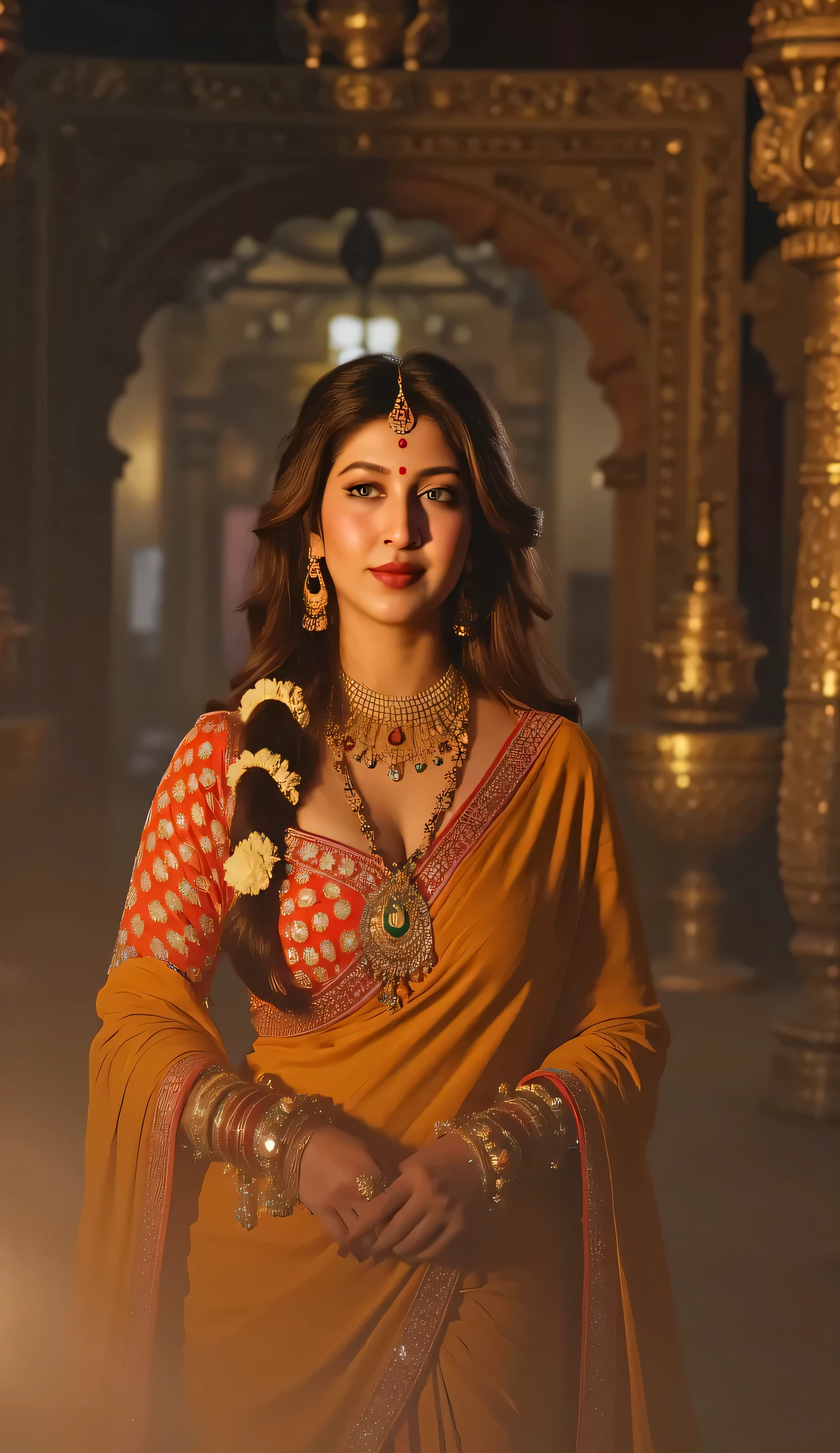 full body view, hindu goddess lasxmi, nsfw in Pakistan, detailed 4K photorealistic portrait, beautiful female goddess figure with intricate jewelry and golden skin, serene facial expression, graceful posture, flowing robes, ornate temple background, glowing divine light, epic fantasy, dramatic chiaroscuro lighting, vivid colors, highly detailed, masterpiece, cinematic composition, professional photography