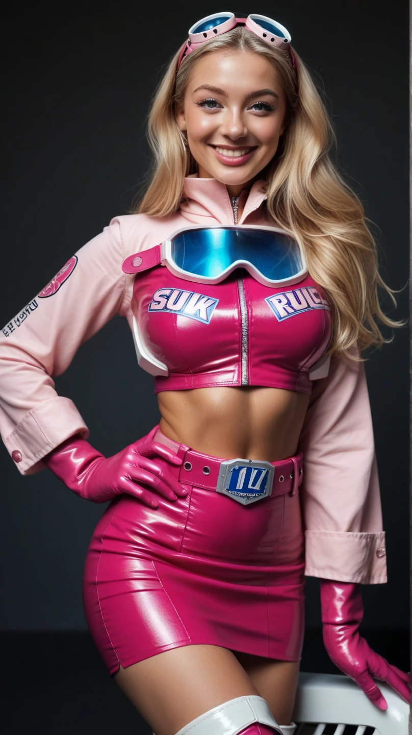 fashion show, podium,posing,huge breasts,bikini,red jacket,skirt, <lora:JS_FashionShow:0.7>